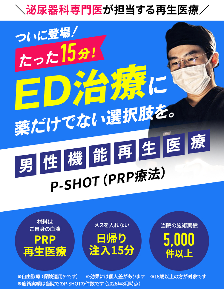 泌尿器科専門医が担当する男性機能再生医療 P-SHOT（PRP療法）。日帰り・注入15分、当院の施術実績1,500件以上